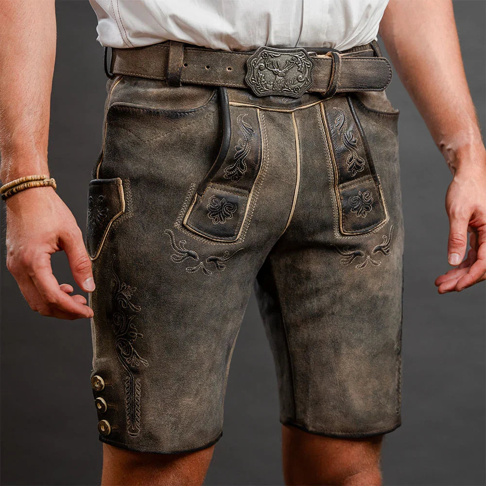 Hochwertige Herren Lederhose aus weichem Wildbockleder mit traditioneller Stickerei