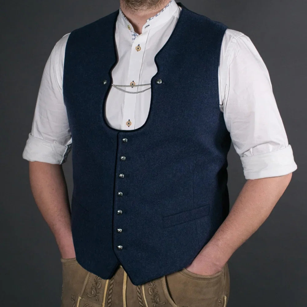 Elegante blaue Miesbacher Herren Trachtenweste in Größe 44 und hochwertigen Knöpfen für das perfekte Trachtenoutfit