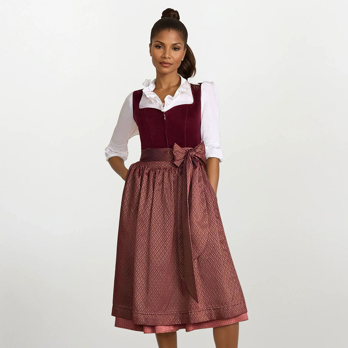 Krüger Dirndl in Größe 40 in Weinrot mit Herz-Ausschnitt und 70 cm Rocklänge für Wiesn und Feste
