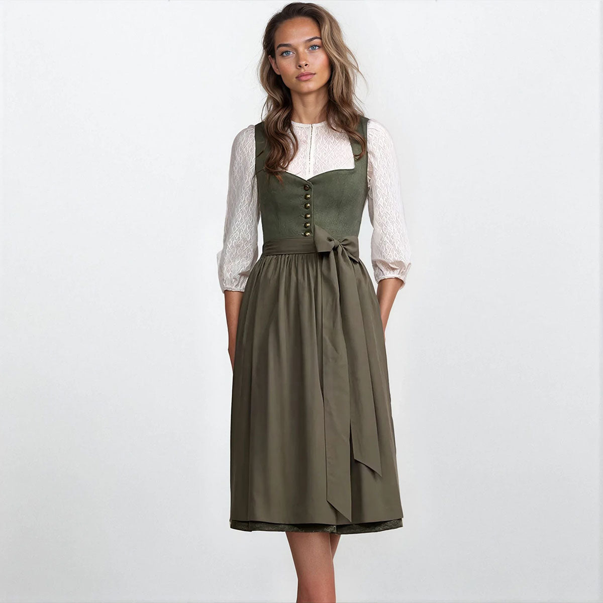 Krüger Dirndl in Größe 46 in Grün mit Leinenmieder und Herzausschnitt für Wiesn und Trachtenhochzeit