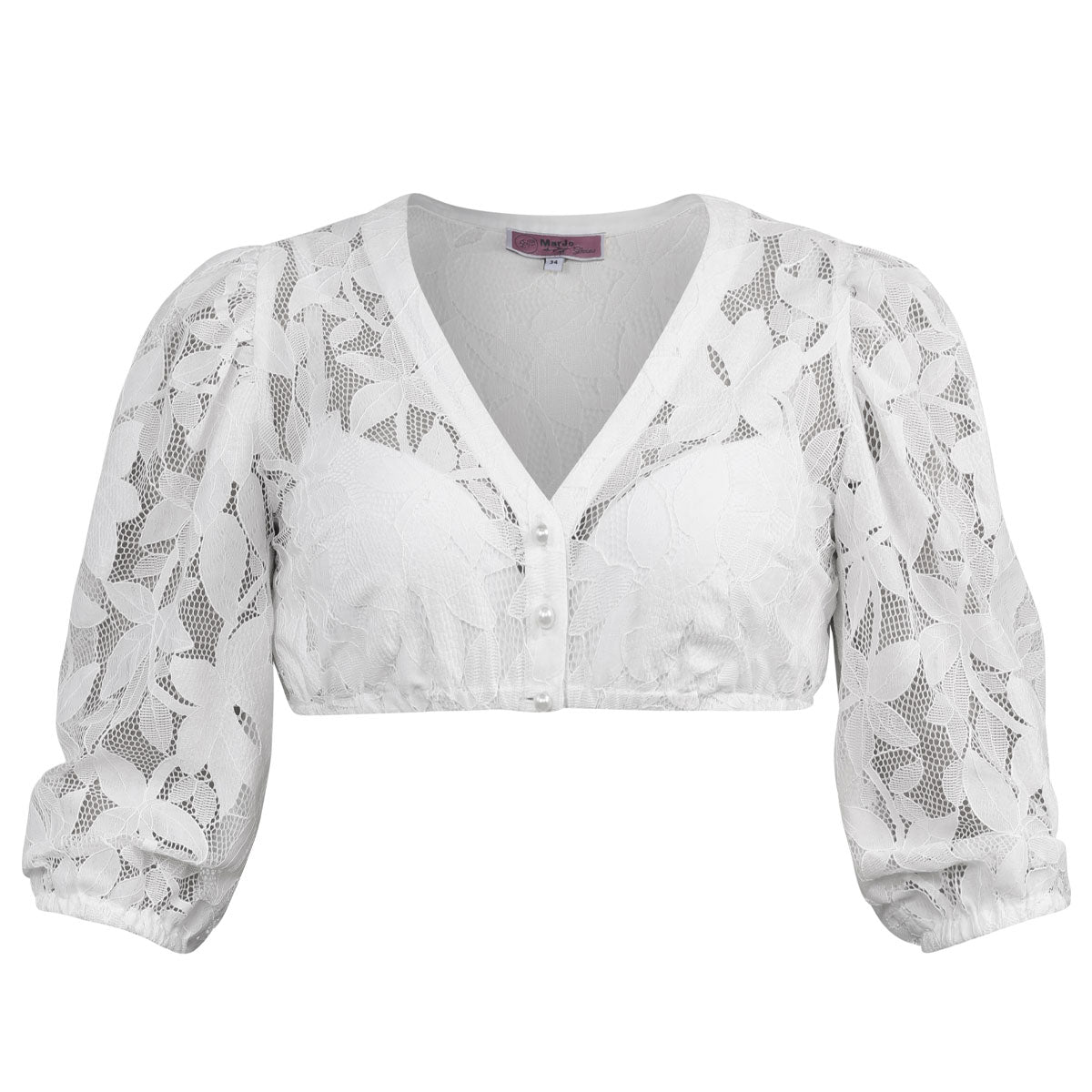 Dirndlbluse in Größe 54 in Off White mit Dreiviertel-Puffarm und Spitzenoptik von MarJo
