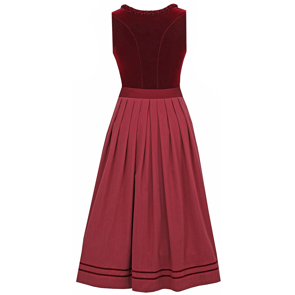 Dirndl Cherry Chante von Teresa Bauer. Rotes Dirndl mit Froschgoscherl, Knöpfe in Glas Gold Optik. Der Hingucker 2025 auf der Wiesn. Dirndlansicht Hinten
