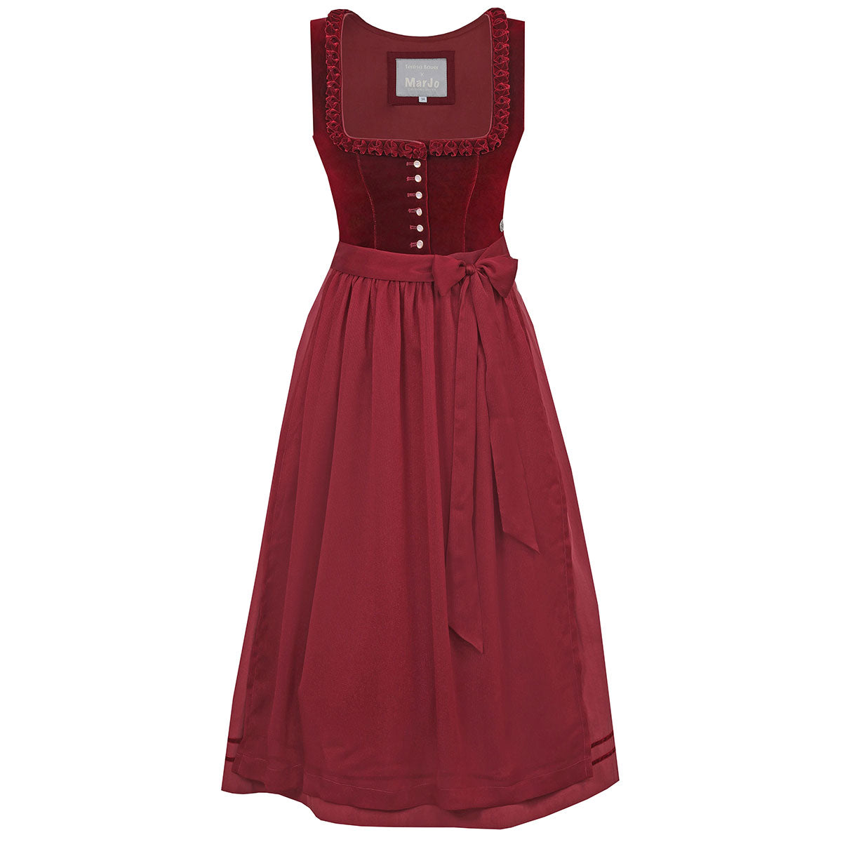 Dirndl Cherry Chante von Teresa Bauer. Rotes Dirndl mit Froschgoscherl, Knöpfe in Glas Gold Optik. Der Hingucker 2025 auf der Wiesn. Ansicht Vorne