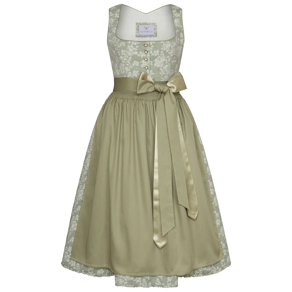 Alpenfee Dirndl Alma Mint Grün Blumenmuster 70cm mit Knöpfe und Schleife Farbe: Grün, Weiß, Mintgrün, Mint