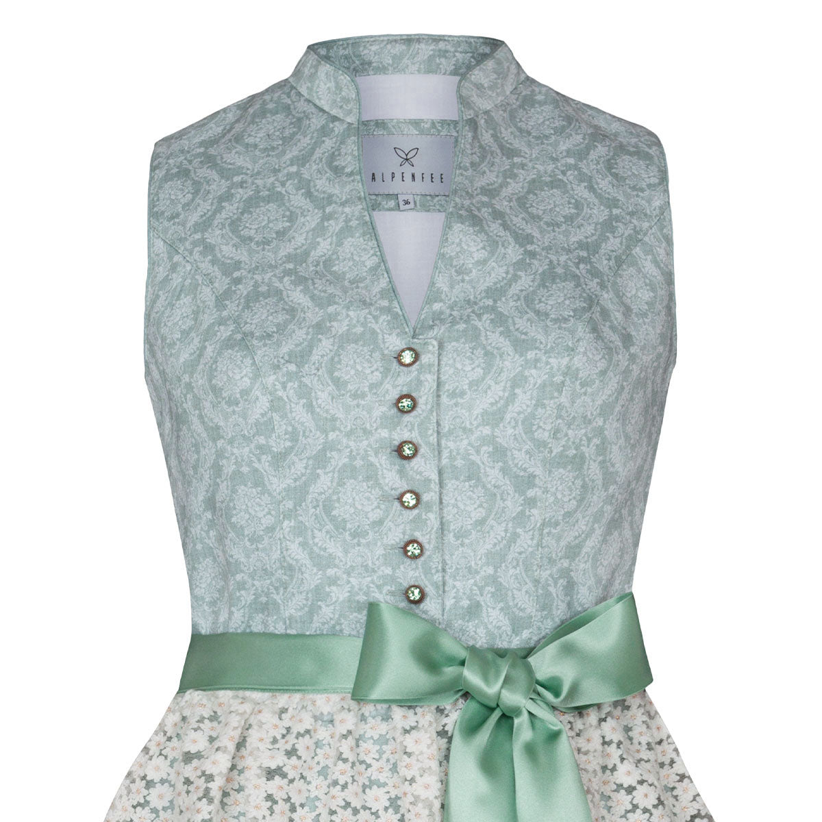 Alpenfee Dirndl Lara Mint Grün 60cm Hochgeschlossen Blumenmuster - Datschi Trachten