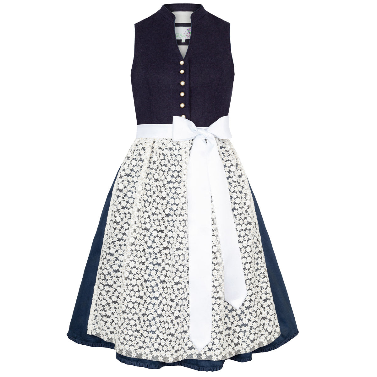 Alpenfee Dirndl Xara Dunkelblau Hochgeschlossen 60cm mit Knöpfe und Schleife Farbe: Blau, Dunkelblau, Weiß, Nachtblau, Navy Blau