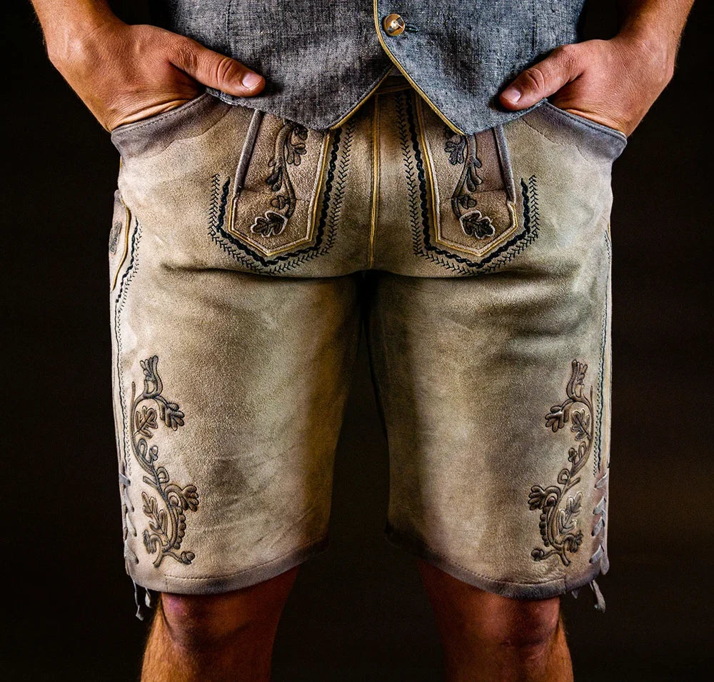 Trending 2026 Herren Lederhose Wildbockleder beige feiner Stick