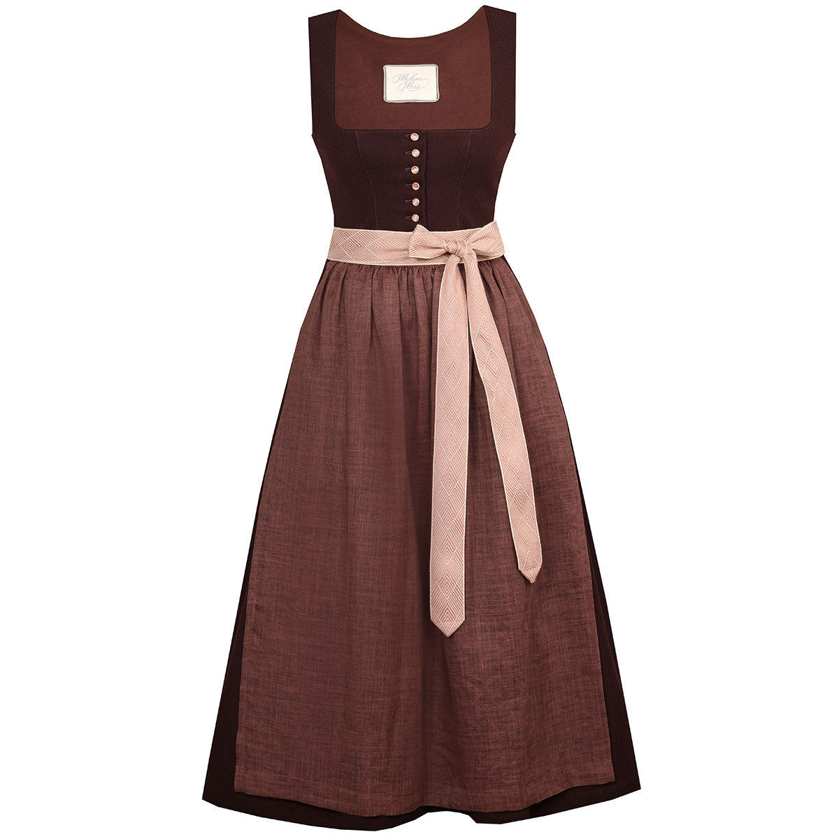 Madame Marie Dirndl Outlet: reduziertes Madame Marie Dirndl Thessara in Schoko Traube mit Leinenschürze, 75 cm Rocklänge