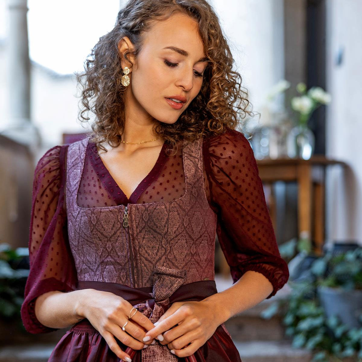 MarJo Dirndlbluse Ahorntal Bordeux Dreiviertelarm Puffärmel