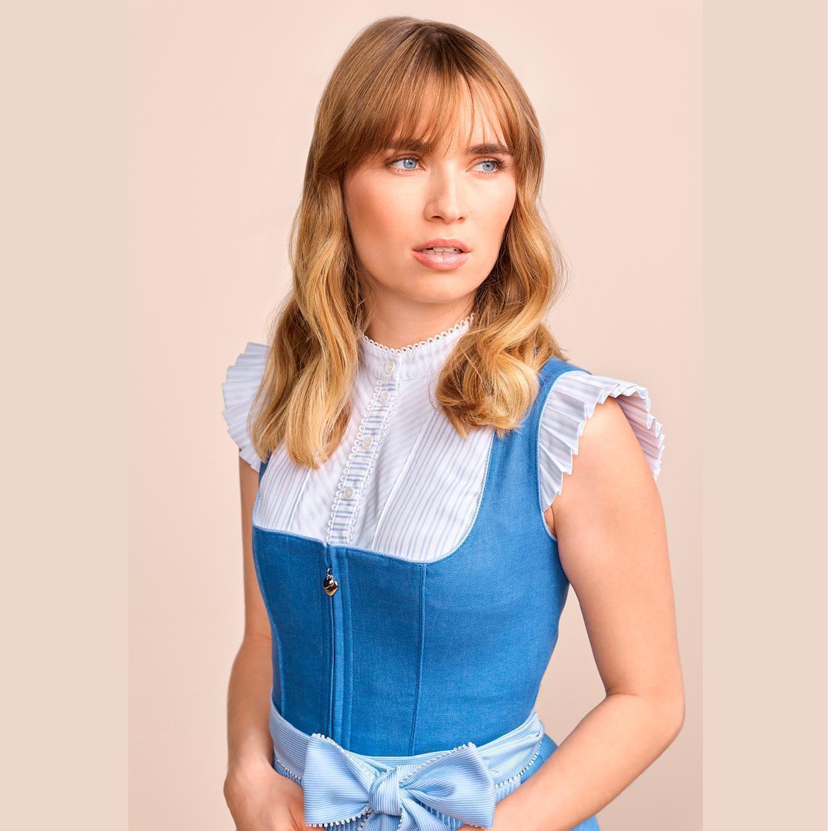 Krüger Dirndl Dorette Hellblau Leinen Mieder 60cm Balkonausschnitt - Datschi Trachten