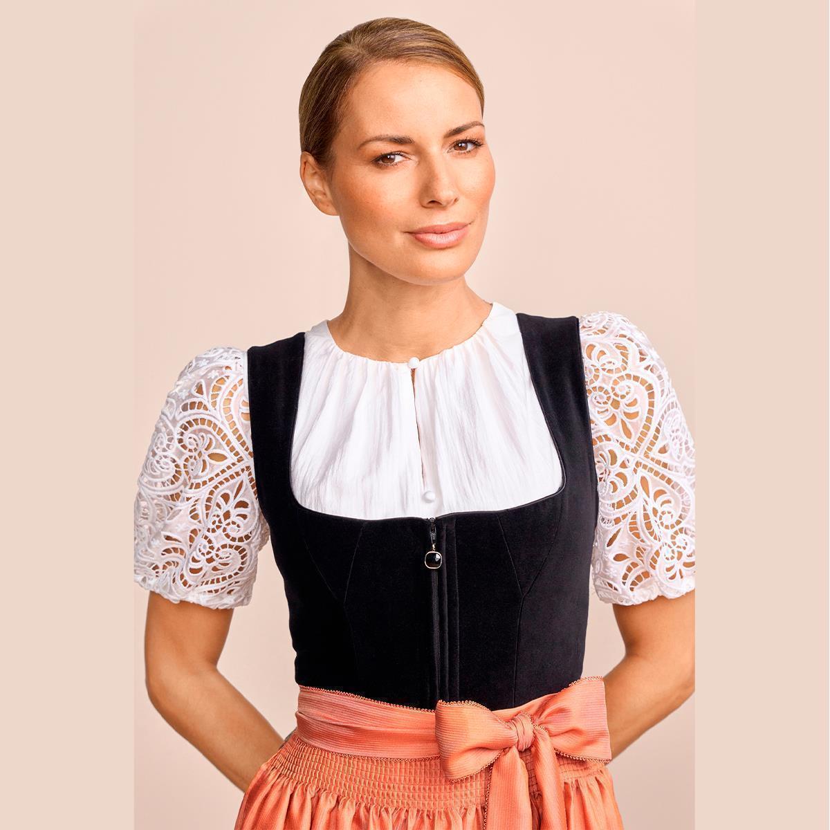 Krüger Dirndl Jacinta Schwarz Orange Blumenrock 80cm - Datschi Trachten
