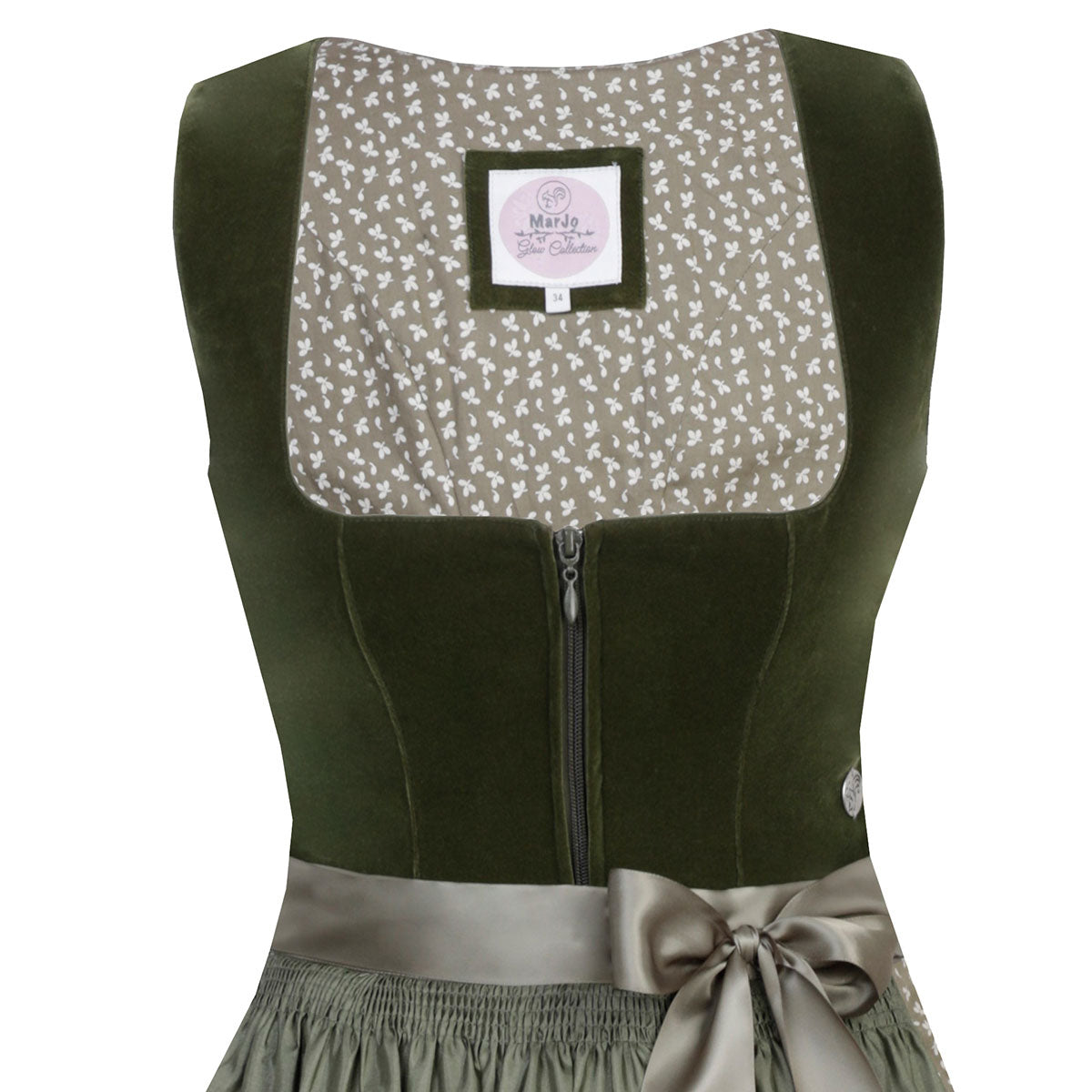 MarJo Dirndl Clara Dunkelgrün/Moos Samt 65cm Mieder Muster: Einfarbig,  Samt Rock Muster: Blumen Schürzen Muster: Einfarbig Ausschnitt: Gerader Ausschnitt,  Balkonett Ausschnitt