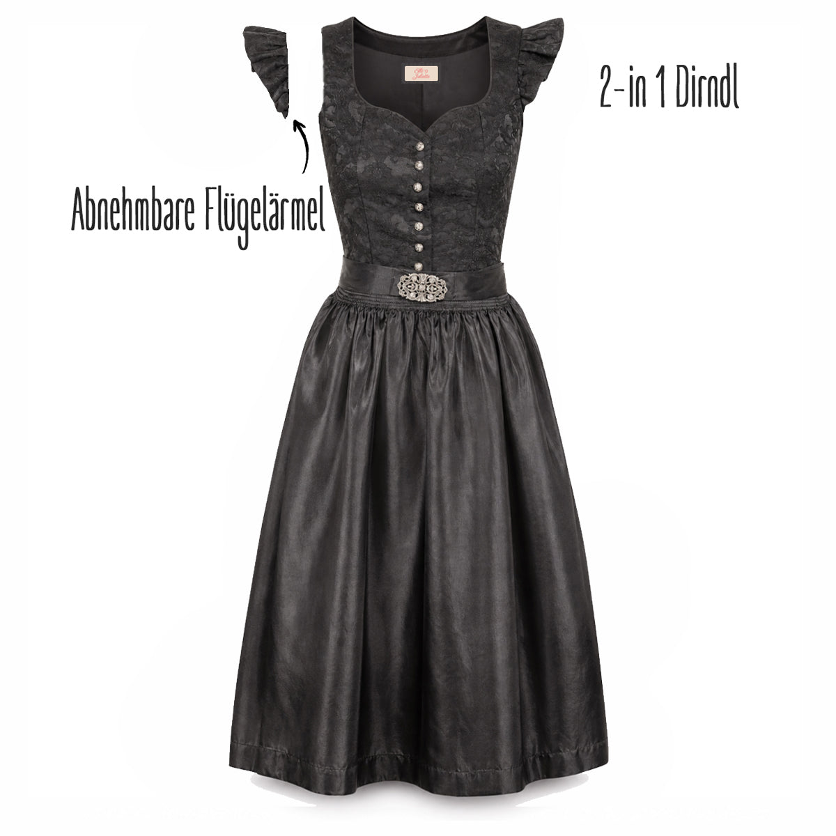 Elli & Juliette 2-in-1 Dirndl Emanuela Elara Schwarz mit abnehmbaren Flügelarm 70 cm